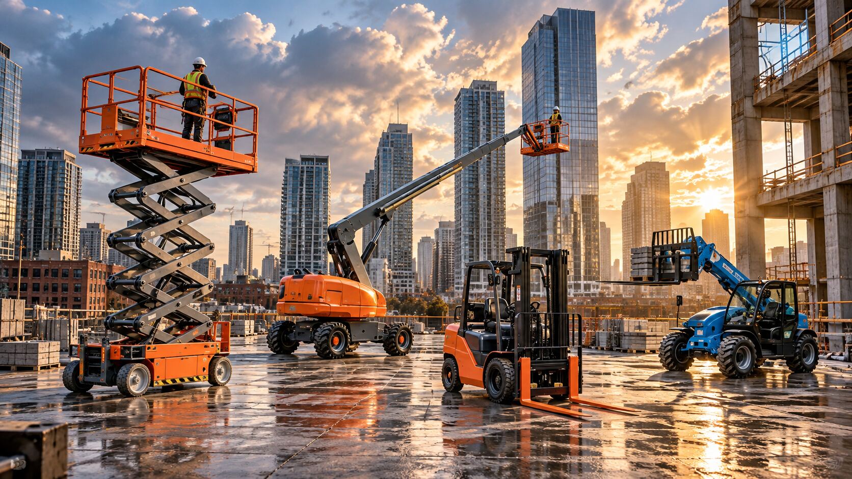 Boom lift, scissor lift and forklifts on a wet job site