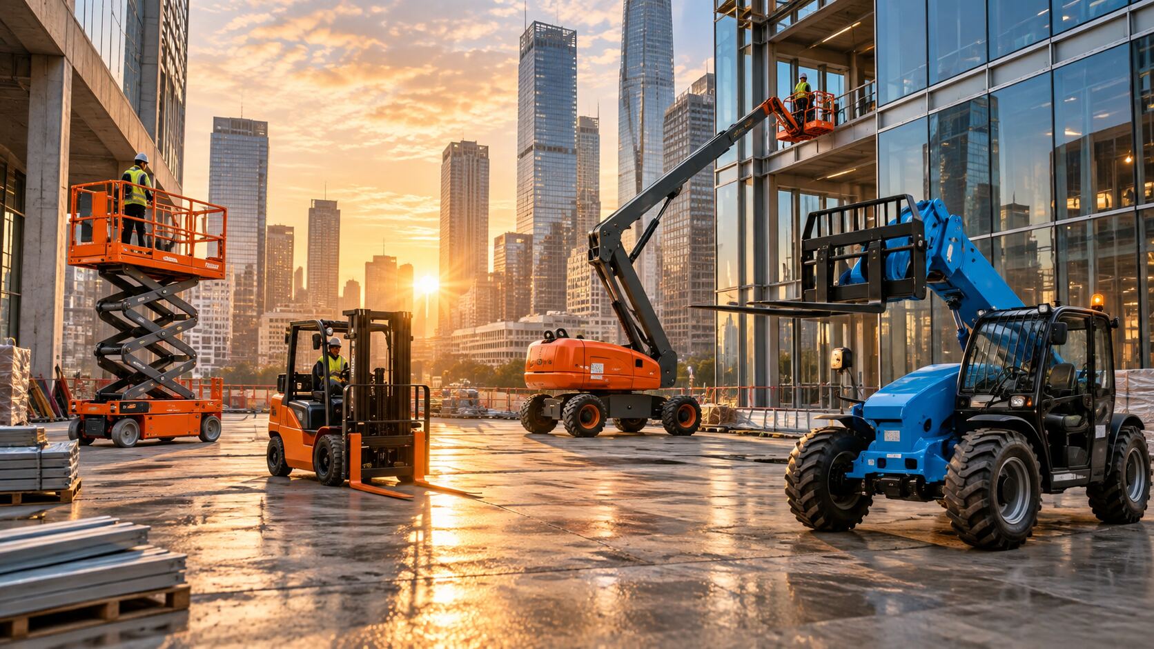 Crew operating aerial lifts on a downtown job site at sunrise